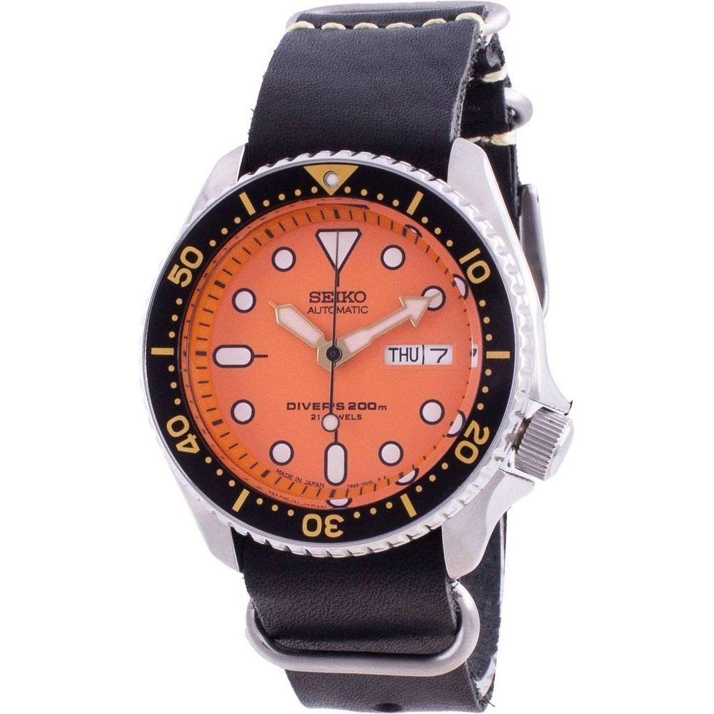 Seiko SKX011J1-var-LS19 Automatic Diver's 200M Japan Made Men's Watch - Orange Dial and Leather Strap
