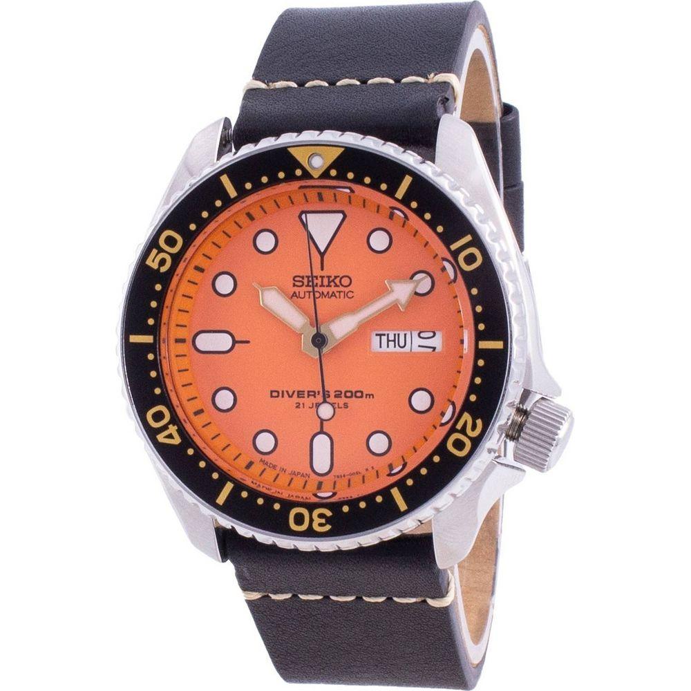 Seiko SKX011J1-var-LS20 Men's Automatic Diver's Watch - Stainless Steel Case, Orange Dial, Leather Strap
