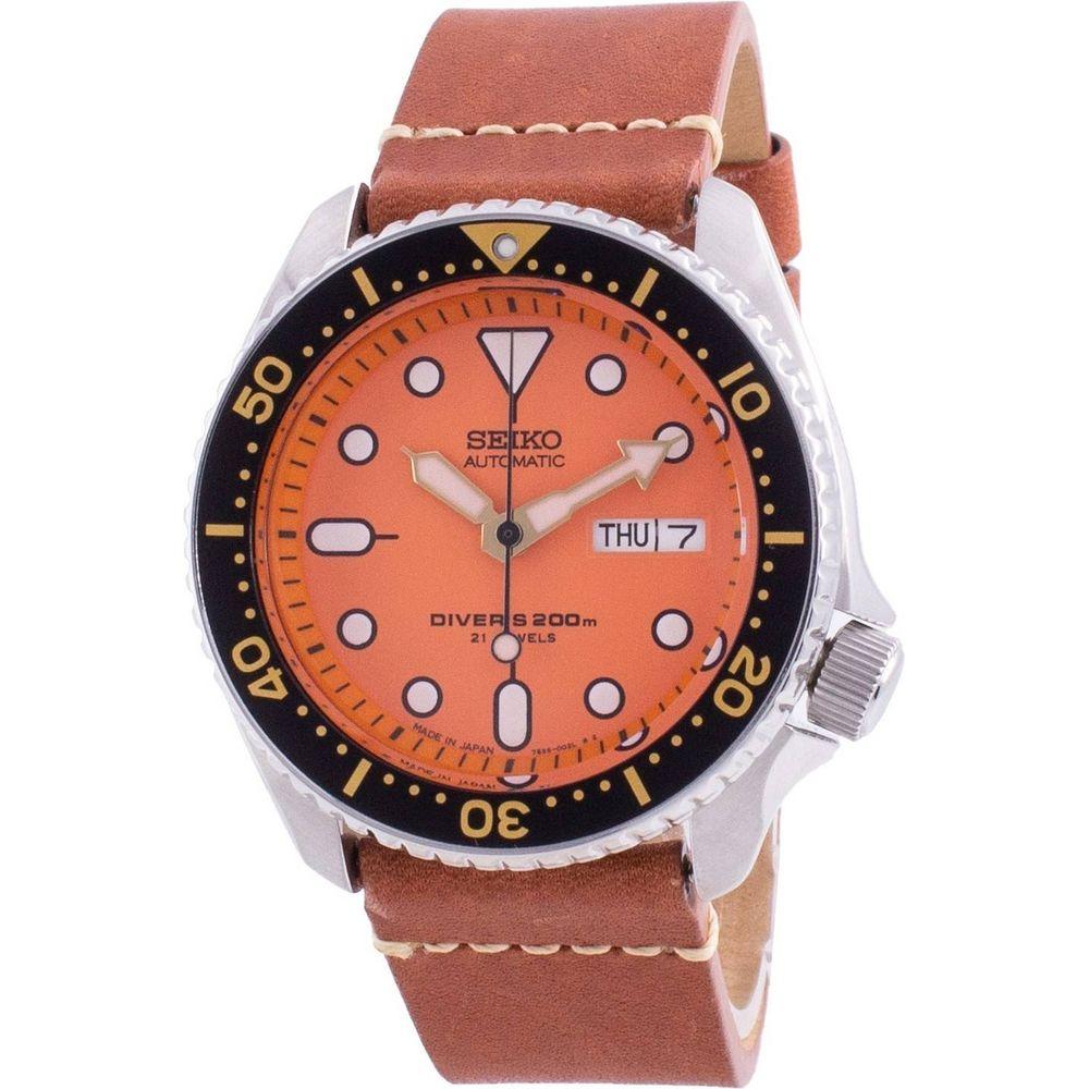 Seiko Men's SKX011J1-var-LS21 Automatic Diver's Watch - Orange Leather Strap Replacement for Men's Watches