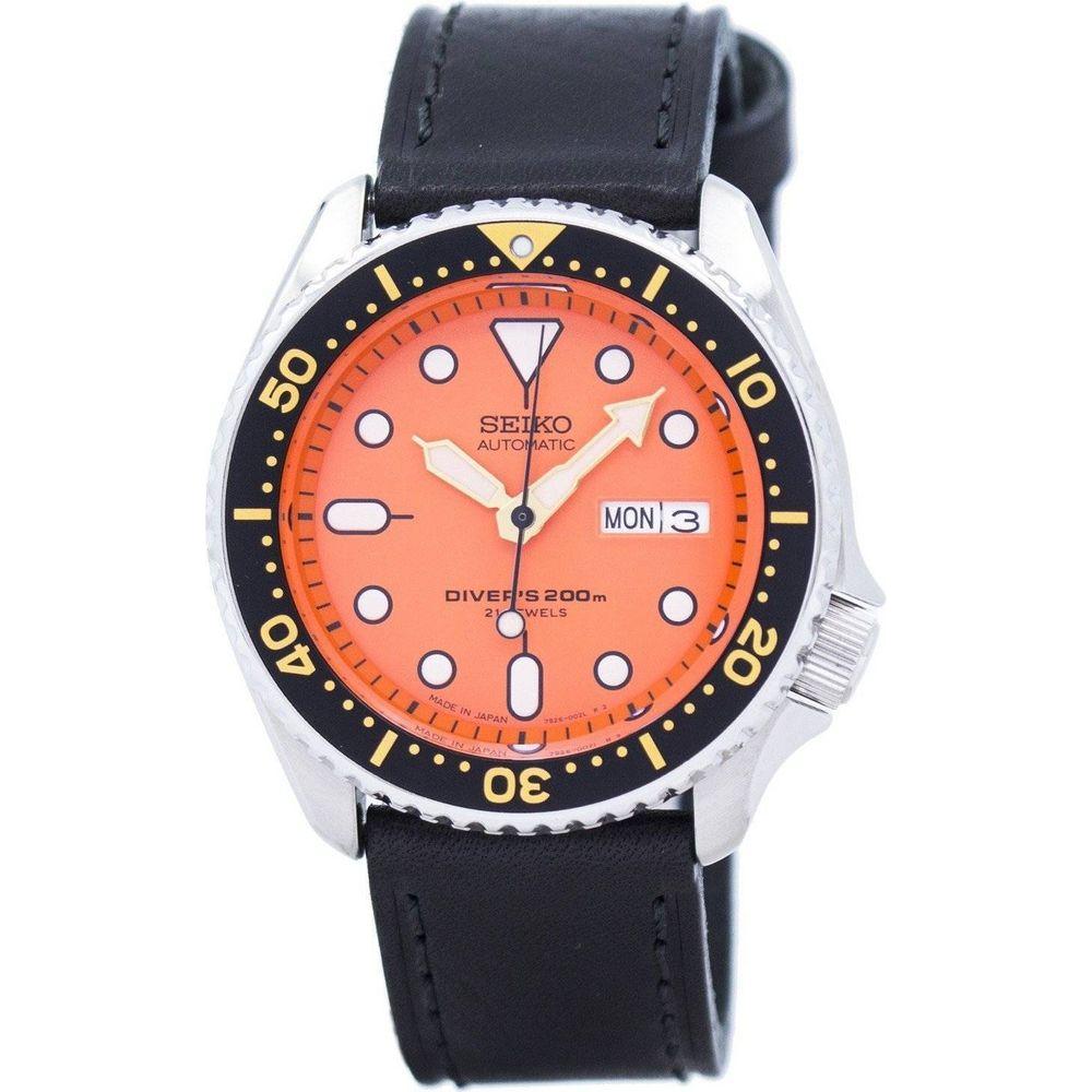 Seiko Men's SKX011J1-var-LS8 Automatic Diver's Watch - Black Leather Strap, Orange Dial