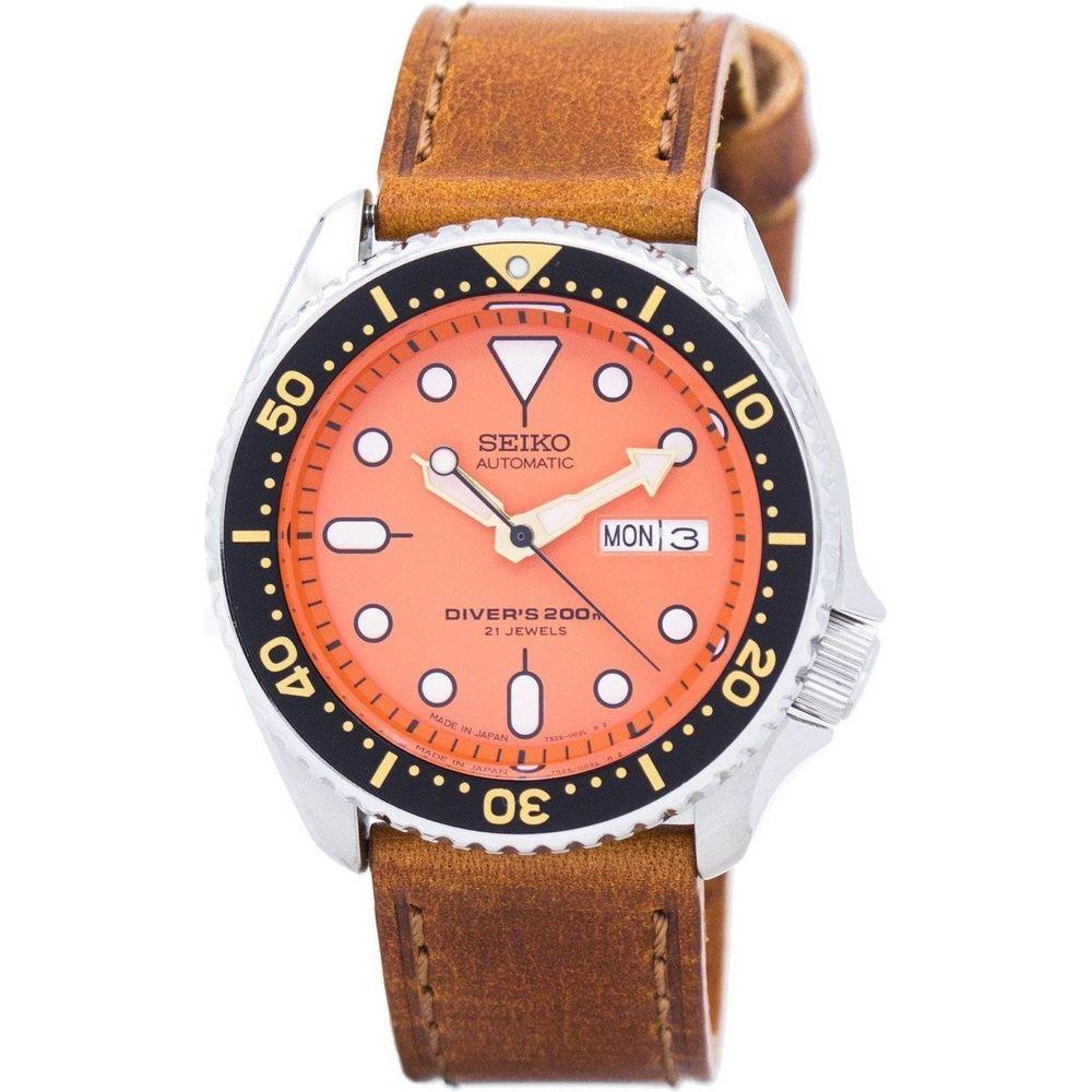 Seiko Men's Automatic Diver's Watch SKX011J1-var-LS9 - Brown Leather Strap, Orange Dial