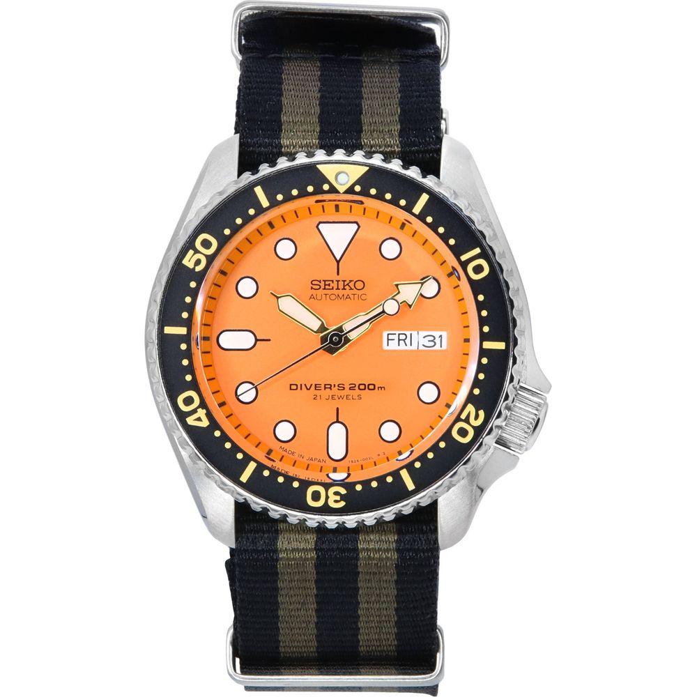 Seiko Men's SKX011J1 Orange Dial Automatic Diver's Watch Rubber Strap Replacement - Vibrant Orange Band for Adventurous Men