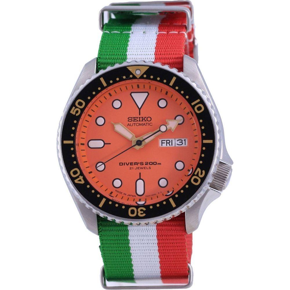 Seiko SKX011J1 Automatic Diver's Japan Made Polyester Men's Watch - Orange Dial, Italy National Flag Strap