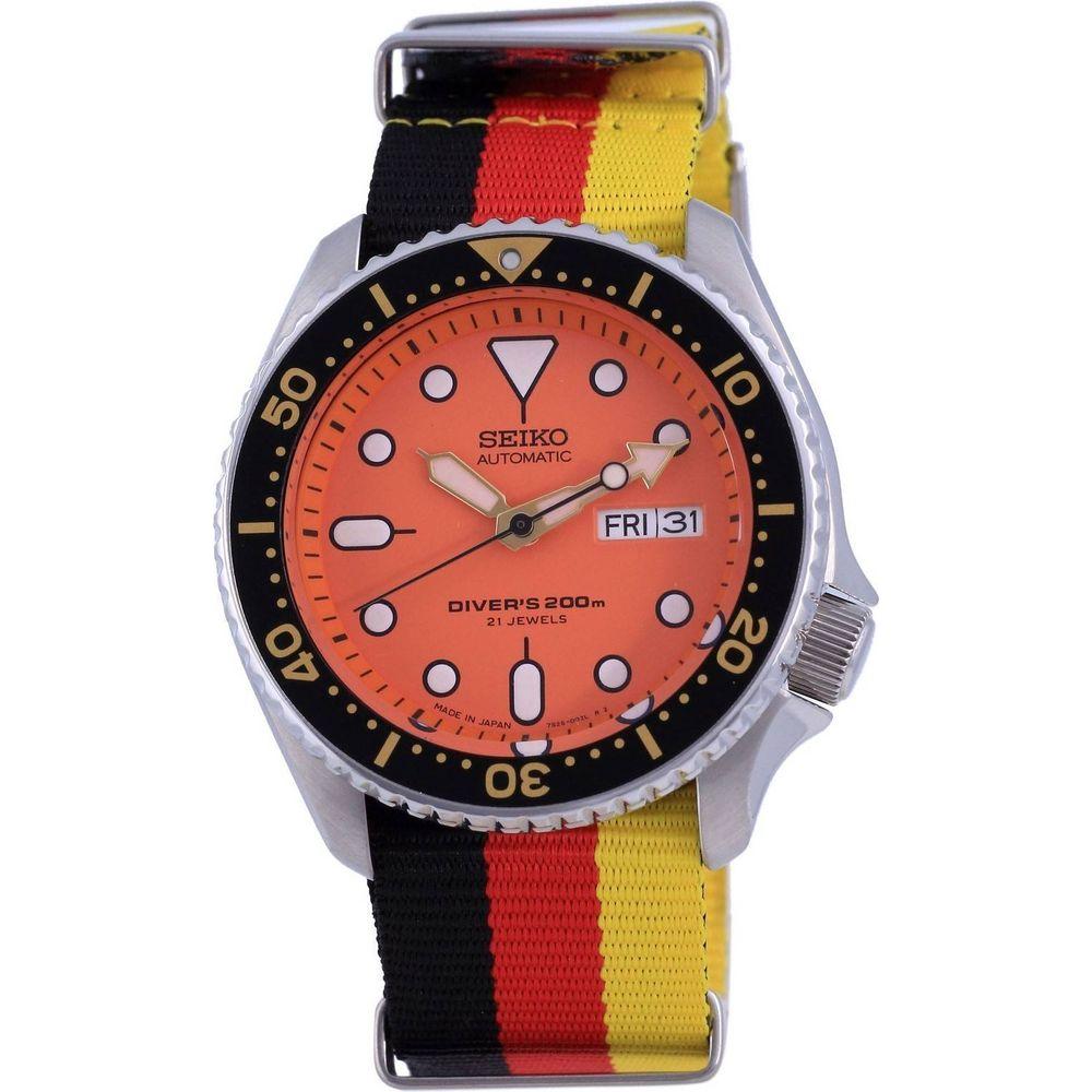 Seiko SKX011J1-var-NATO26 Automatic Diver's Japan Made Polyester 200M Men's Watch - Orange Dial with Germany National Flag Pattern
