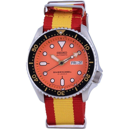 Load image into Gallery viewer, Seiko SKX011J1 Polyester Automatic Diver&#39;s Watch for Men - Spain National Flag Strap, Orange Dial - Watch Strap Replacement for Men - Vibrant Spain National Flag Pattern Polyester Band in Orange
