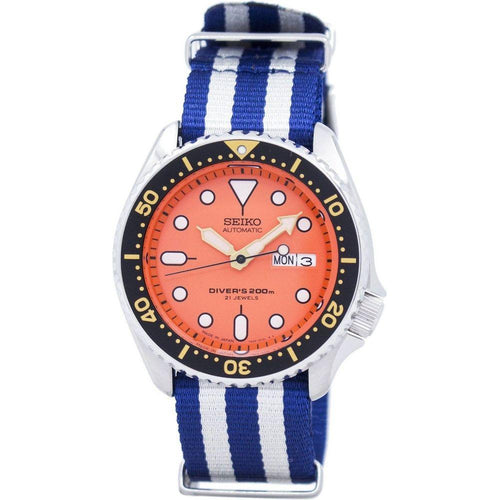 Load image into Gallery viewer, Seiko SKX011J1-var-NATO2 Men&#39;s Stainless Steel Automatic Diver&#39;s Watch in Blue and White
