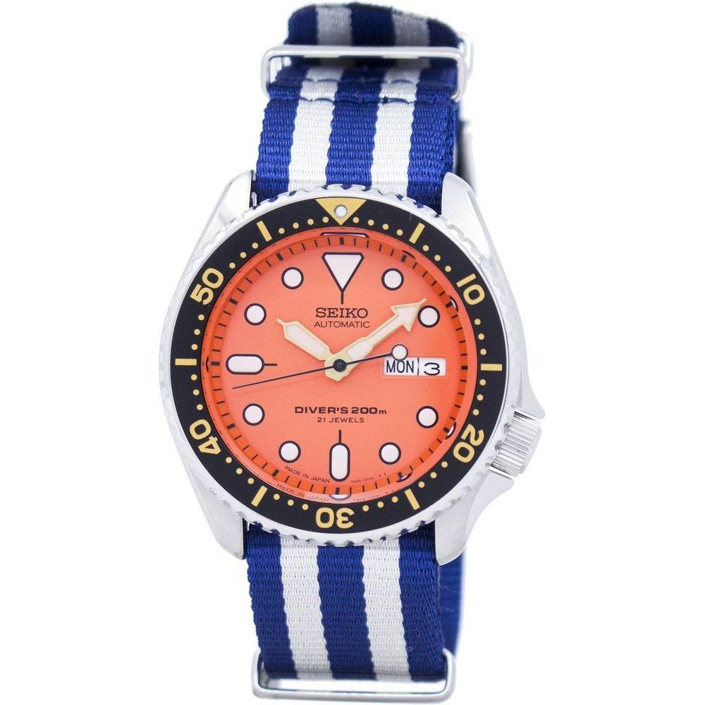 Seiko SKX011J1-var-NATO2 Men's Stainless Steel Automatic Diver's Watch in Blue and White