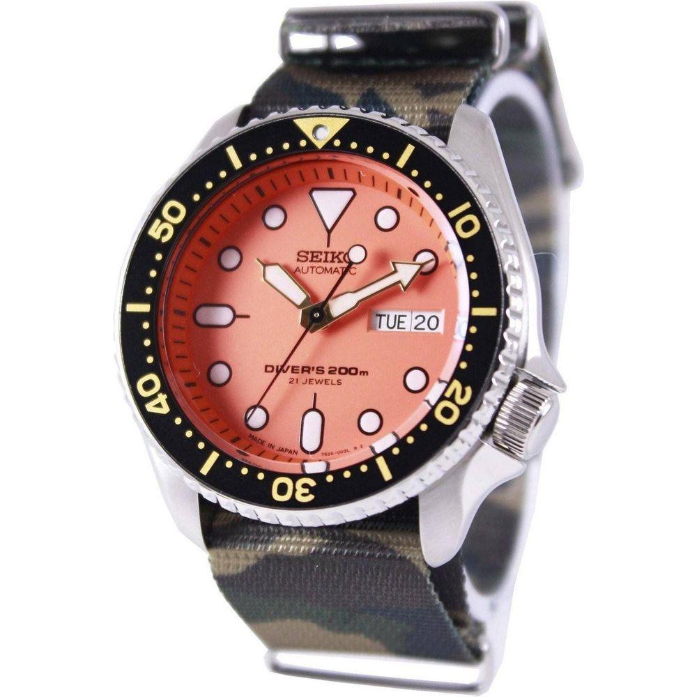 Seiko SKX011J1 Automatic Diver's 200M Men's Watch - Orange Dial, Army NATO Strap