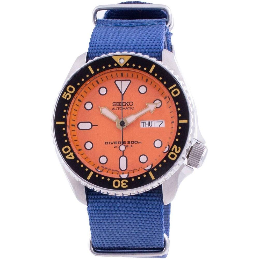 Seiko SKX011J1 Automatic Diver's 200M Japan Made Men's Watch - Orange Dial, Stainless Steel Case, Nylon Strap