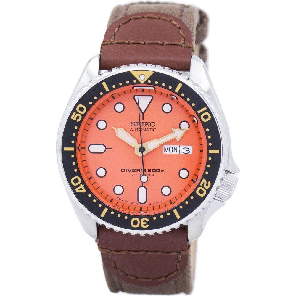 Seiko Men's SKX011J1-var-NS1 Automatic Diver's Canvas Strap Watch - Orange Dial, 200M Water Resistance