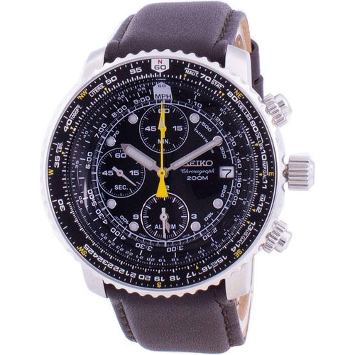 Load image into Gallery viewer, Seiko Pilot&#39;s Flight SNA411P1-VAR-LS11 Men&#39;s Quartz Chronograph Watch, Stainless Steel Case, Black Dial, Leather Strap
