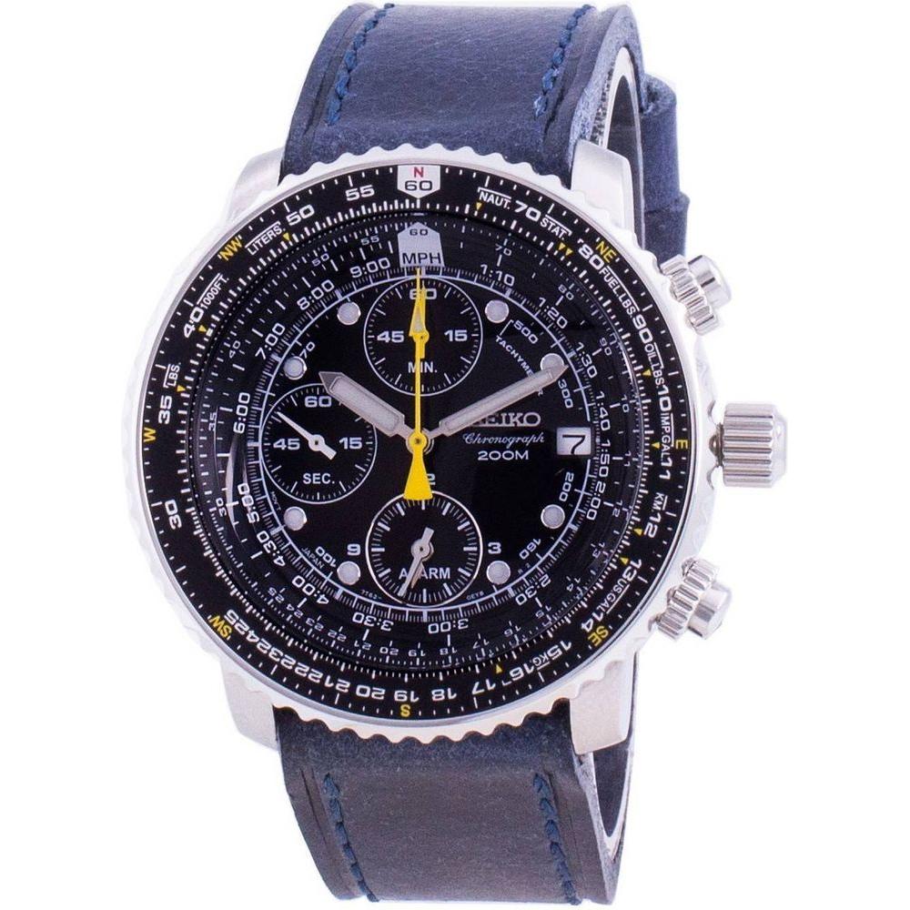 Seiko Pilot's Flight SNA411P1-VAR-LS13 Quartz Chronograph 200M Men's Watch in Black Leather