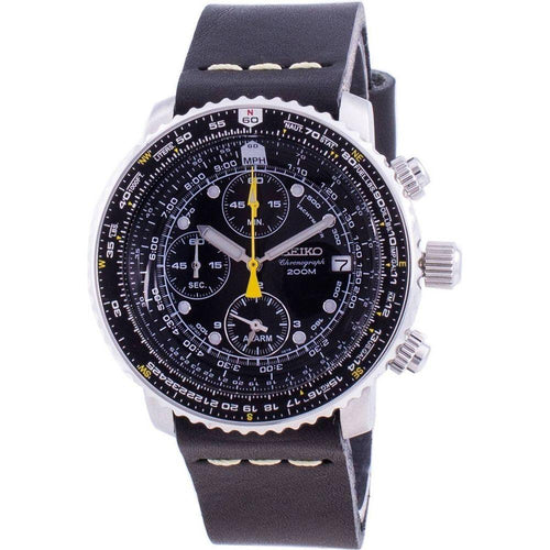 Load image into Gallery viewer, Seiko Men&#39;s Pilot&#39;s Flight SNA411P1-VAR-LS14 Quartz Chronograph 200M Stainless Steel Black Leather Strap Watch - Replacement Band in Black Leather for Men&#39;s Watches
