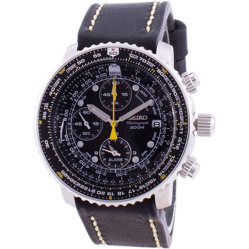 Load image into Gallery viewer, Seiko Pilot&#39;s Flight SNA411P1-VAR-LS16 Men&#39;s Quartz Chronograph Watch - Stainless Steel Case, Black Dial, Leather Strap
