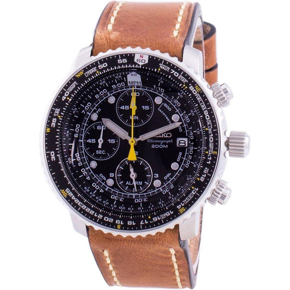 Seiko Men's Pilot's Flight SNA411P1-VAR-LS17 Quartz Chronograph 200M Black Leather Strap Watch