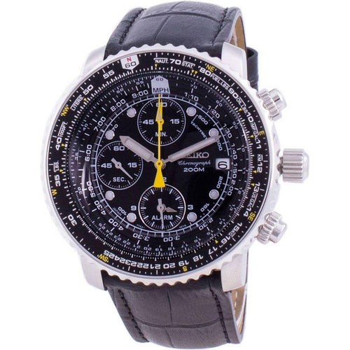 Load image into Gallery viewer, Seiko Pilot&#39;s Flight SNA411P1-VAR-LS6 Men&#39;s Quartz Chronograph Watch - Stainless Steel Case, Black Dial, Leather Strap
