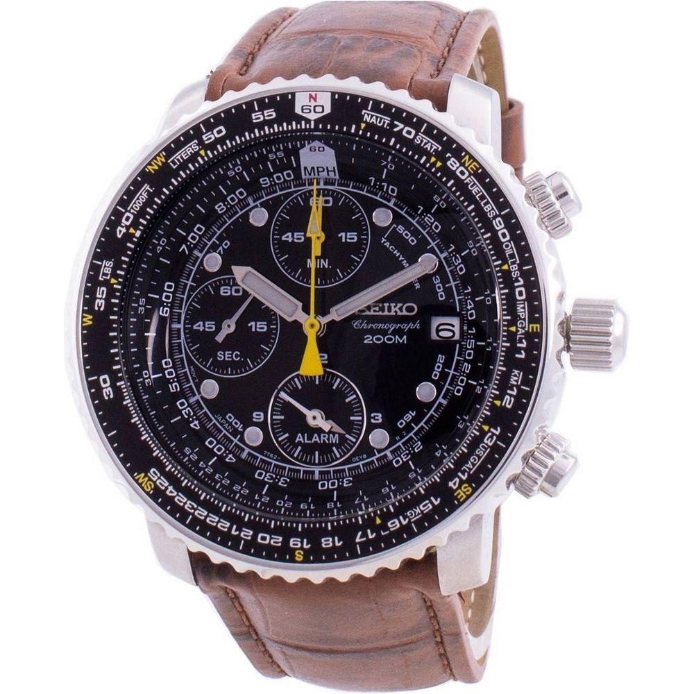 Seiko Pilot's Flight SNA411P1-VAR-LS7 Quartz Chronograph 200M Men's Watch - Black Leather Strap