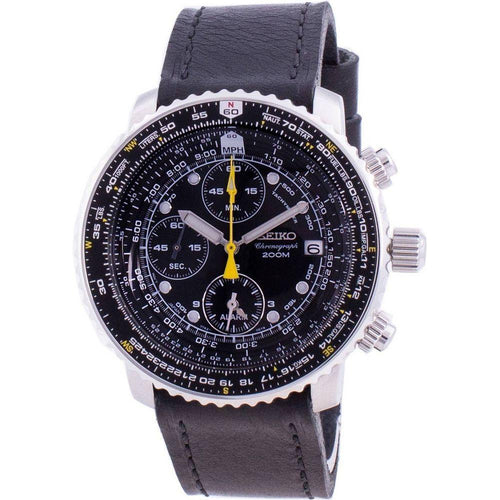 Load image into Gallery viewer, Seiko Pilot&#39;s Flight SNA411P1-VAR-LS8 Quartz Chronograph 200M Men&#39;s Watch - Stainless Steel Case, Black Dial, Leather Strap
