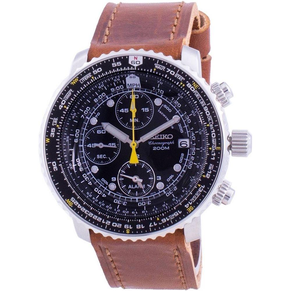 Seiko Men's Pilot's Flight SNA411P1-VAR-LS9 Quartz Chronograph 200M Leather Strap Watch - Black