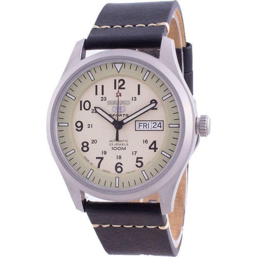 Load image into Gallery viewer, Seiko 5 Sports Military Automatic SNZG07J1-var-LS20 100M Japan Made Men&#39;s Watch - Stylish Stainless Steel Case, Beige Dial, and Leather Strap
