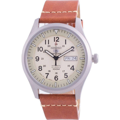 Load image into Gallery viewer, Seiko 5 Sports Military Automatic SNZG07J1-var-LS21 100M Japan Made Men&#39;s Watch - Stylish Stainless Steel and Leather Timepiece for Men in Beige
