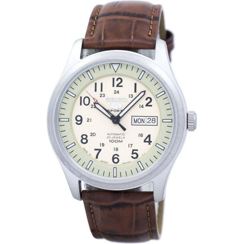 Load image into Gallery viewer, Seiko 5 Sports Military Automatic Japan Made Brown Leather SNZG07J1-var-LS7 100M Men&#39;s Watch
