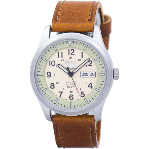 Load image into Gallery viewer, Seiko 5 Sports Military Automatic Japan Made Brown Leather SNZG07J1-var-LS9 100M Men&#39;s Watch
