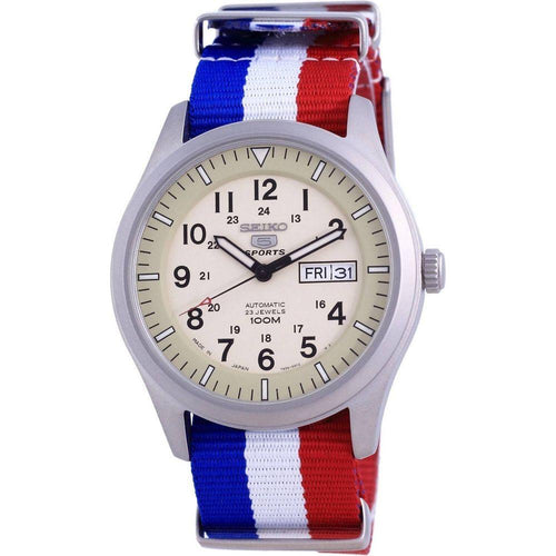 Load image into Gallery viewer, Seiko 5 Sports Military Automatic Japan Made SNZG07J1-var-NATO25 100M Men&#39;s Watch - Stainless Steel Case, Beige Dial, France National Flag Pattern Strap
