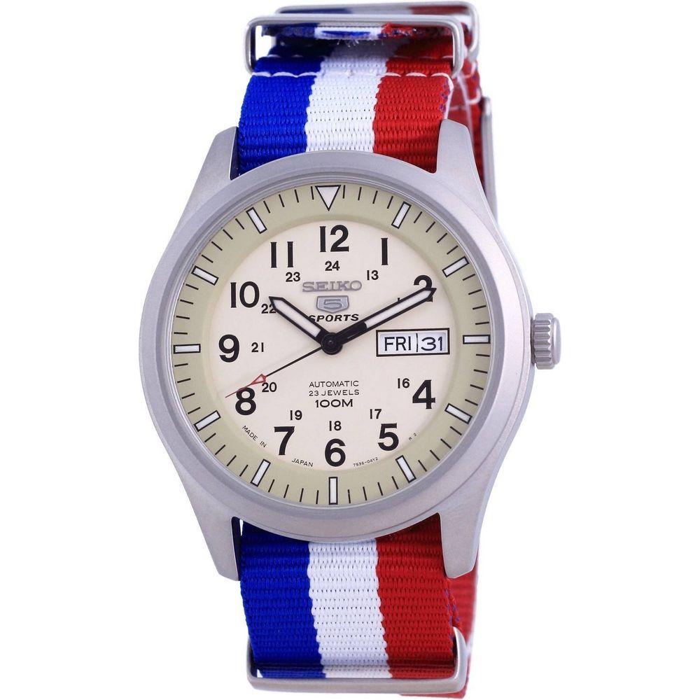 Seiko 5 Sports Military Automatic Japan Made SNZG07J1-var-NATO25 100M Men's Watch - Stainless Steel Case, Beige Dial, France National Flag Pattern Strap