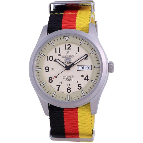 Load image into Gallery viewer, Seiko 5 Sports Military Automatic Japan Made SNZG07J1-var-NATO26 100M Men&#39;s Watch Strap Replacement - German Flag Inspired Beige NATO Strap for Men
