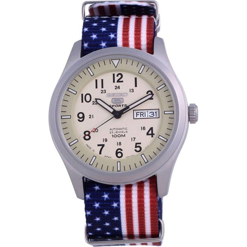 Load image into Gallery viewer, Seiko 5 Sports Military Automatic Japan Made SNZG07J1-var-NATO27 100M Men&#39;s Watch - Stainless Steel Case, Beige Dial, USA National Flag Pattern Strap
