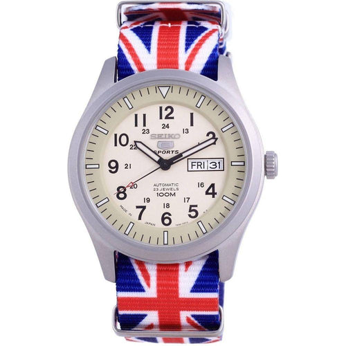 Load image into Gallery viewer, Seiko 5 Sports Military Automatic Japan Made SNZG07J1-var-NATO28 100M Men&#39;s Watch Strap Replacement - United Kingdom National Flag Pattern Polyester Strap for Men&#39;s Watches in Beige

