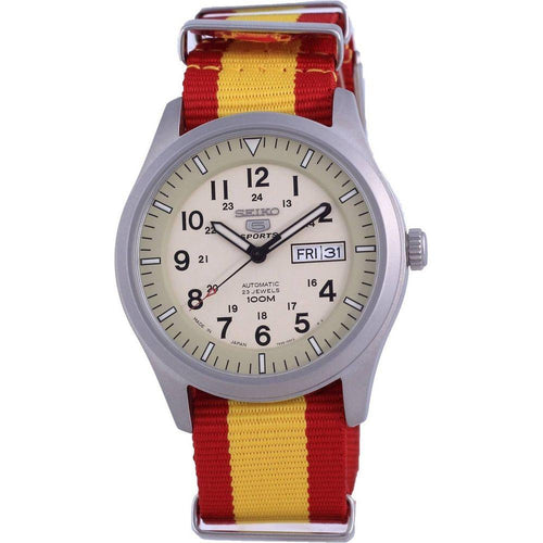 Load image into Gallery viewer, Seiko 5 Sports Military Automatic Japan Made SNZG07J1-var-NATO29 100M Men&#39;s Watch - Stainless Steel Case, Polyester Spain National Flag Pattern Strap, Beige Dial
