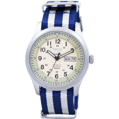 Load image into Gallery viewer, Seiko 5 Sports Military Automatic SNZG07J1-var-NATO2 Men&#39;s Watch Strap Replacement - Blue White NATO Strap for Men

