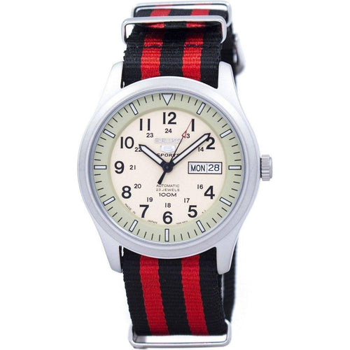 Load image into Gallery viewer, Seiko 5 Sports Military Automatic Japan Made SNZG07J1 Men&#39;s Watch - Red Black NATO Strap
