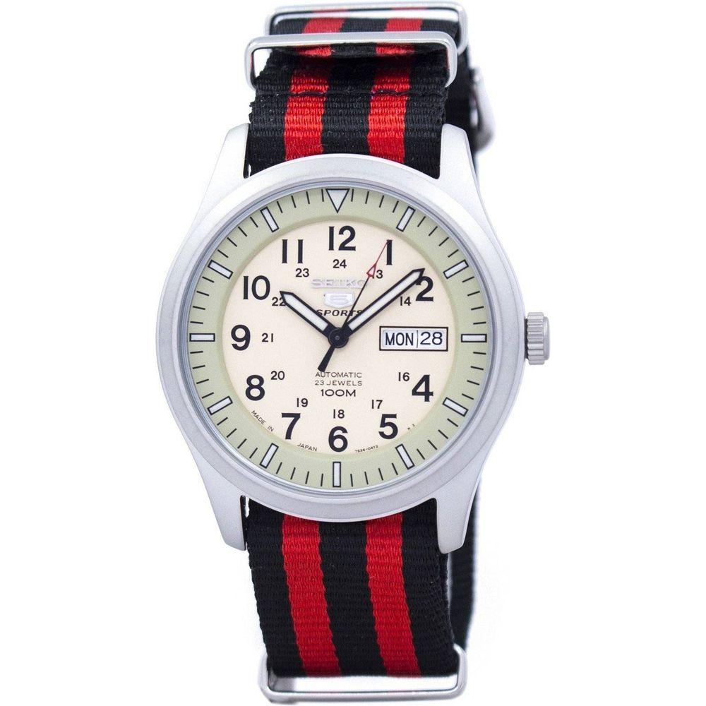 Seiko 5 Sports Military Automatic Japan Made SNZG07J1 Men's Watch - Red Black NATO Strap