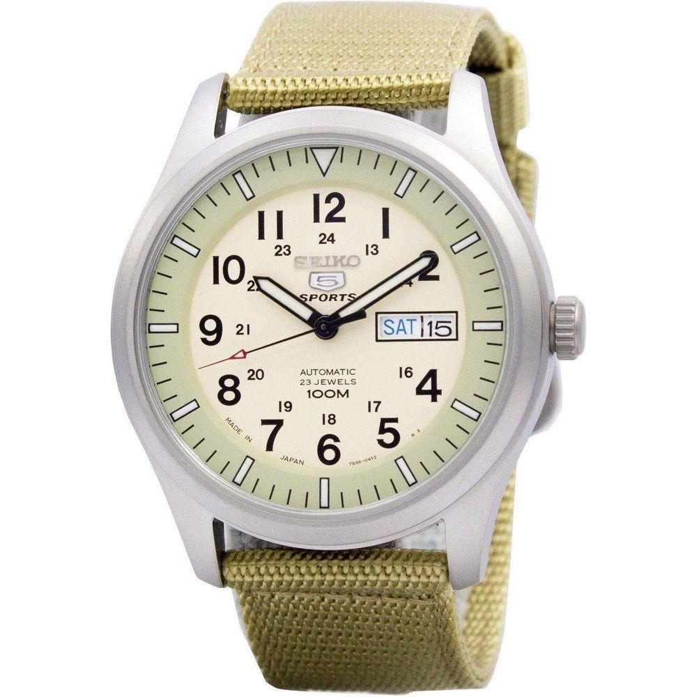 Seiko 5 Military Automatic Sports Japan Made SNZG07 SNZG07J1 SNZG07J Men's Watch - Stainless Steel Case, Beige Dial, Nylon Strap