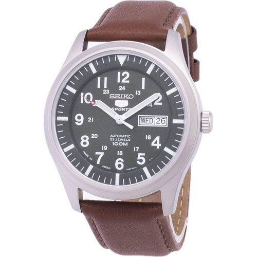 Load image into Gallery viewer, Seiko 5 Sports Automatic Japan Made SNZG09J1 Men&#39;s Watch - Brown Leather Strap, Dark Green Dial
