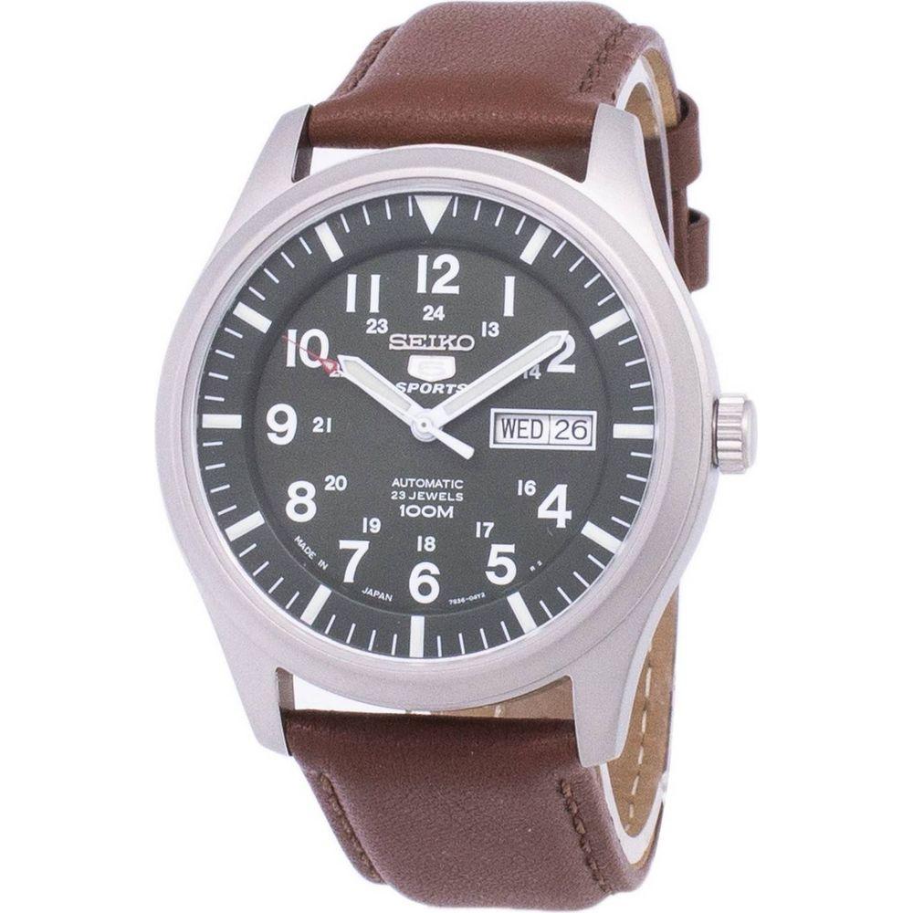 Seiko 5 Sports Automatic Japan Made SNZG09J1 Men's Watch - Brown Leather Strap, Dark Green Dial