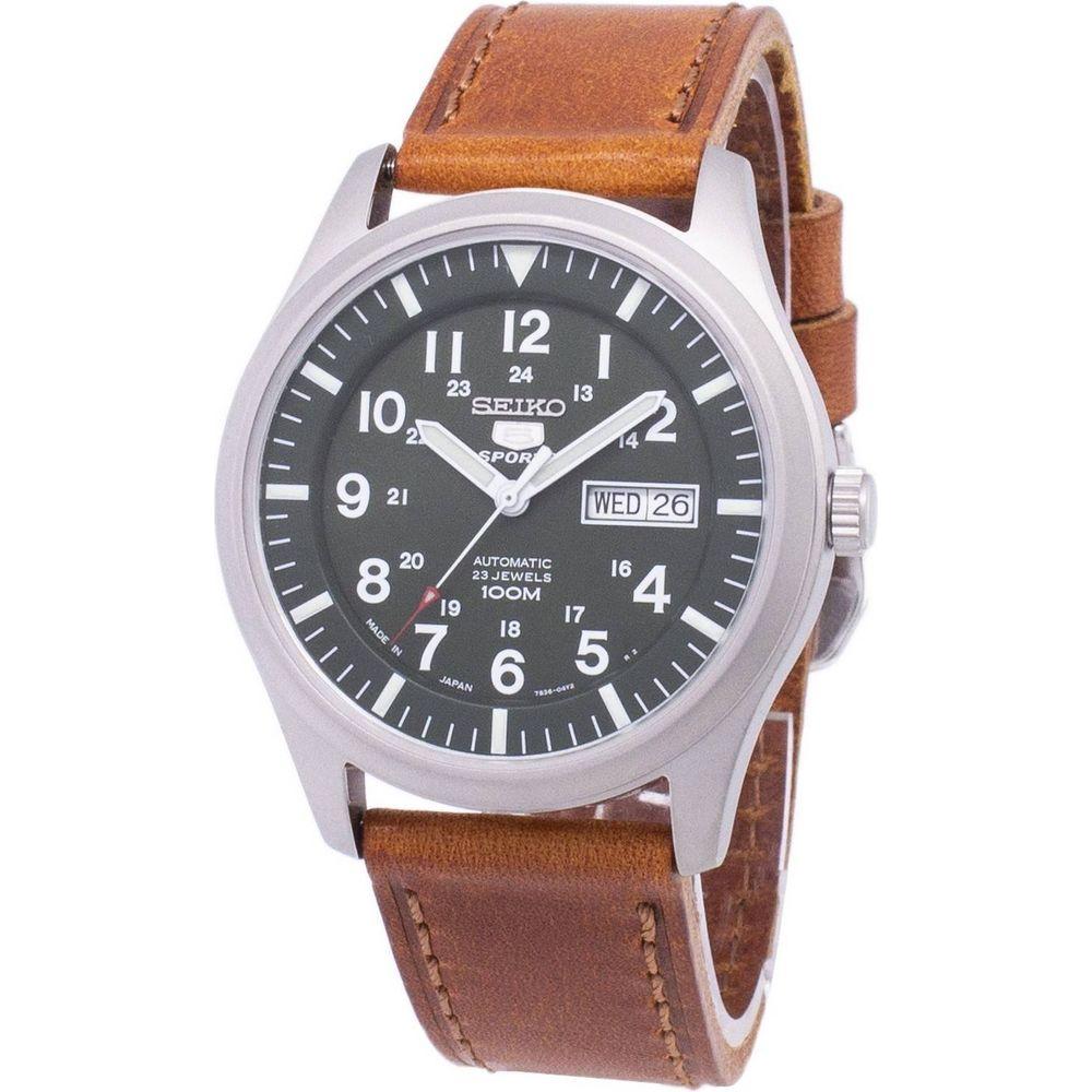 Seiko 5 Sports Automatic Japan Made SNZG09J1 Men's Watch - Brown Leather Strap, Dark Green Dial