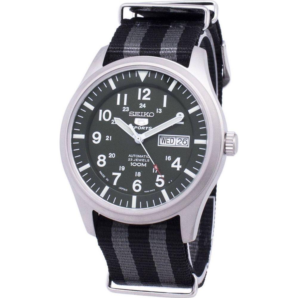 Seiko 5 Sports Automatic Japan Made SNZG09J1 Men's Watch - Grey Black Dial with Nato Strap