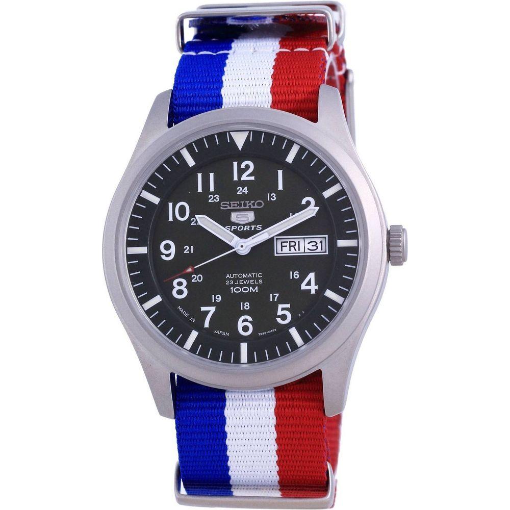 Seiko 5 Sports Automatic Japan Made SNZG09J1-var-NATO25 100M Men's Watch - Stainless Steel Case with France National Flag Pattern Strap in Green Dial