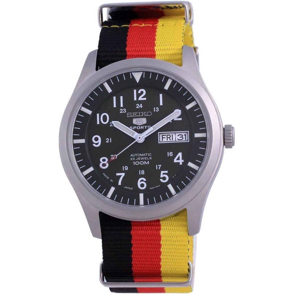 Seiko 5 Sports SNZG09J1 Japan Made Automatic Men's Watch, Green Dial, Germany National Flag Strap