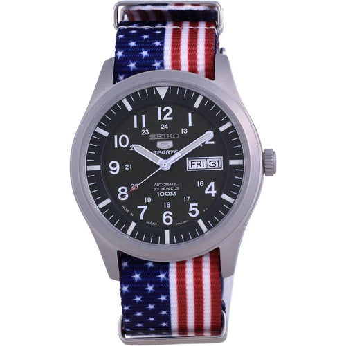 Load image into Gallery viewer, Seiko 5 Sports Automatic Japan Made SNZG09J1-var-NATO27 100M Men&#39;s Watch - Stainless Steel Case, Green Dial, USA National Flag Pattern Strap
