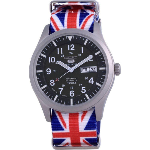 Load image into Gallery viewer, Seiko 5 Sports Automatic Japan Made SNZG09J1-var-NATO28 100M Men&#39;s Watch - Green Dial Stainless Steel Case with United Kingdom National Flag Pattern Strap
