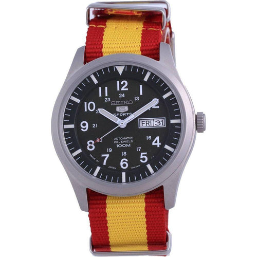 Load image into Gallery viewer, Seiko 5 Sports Automatic SNZG09J1 Japan Made Men&#39;s Watch, Green Dial, Spain National Flag Strap

Introducing the Seiko 5 Sports Automatic SNZG09J1 Japan Made Men&#39;s Watch: A Timeless Masterpiece of Spanish Heritage in Vibrant Green
