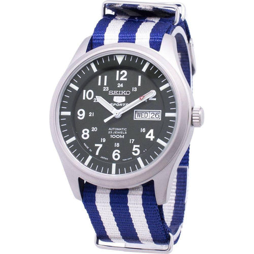 Load image into Gallery viewer, Seiko 5 Sports Automatic SNZG09J1 Dark Green Men&#39;s Watch with Blue White Nato Strap
