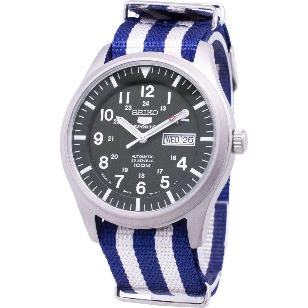 Seiko 5 Sports Automatic SNZG09J1 Dark Green Men's Watch with Blue White Nato Strap