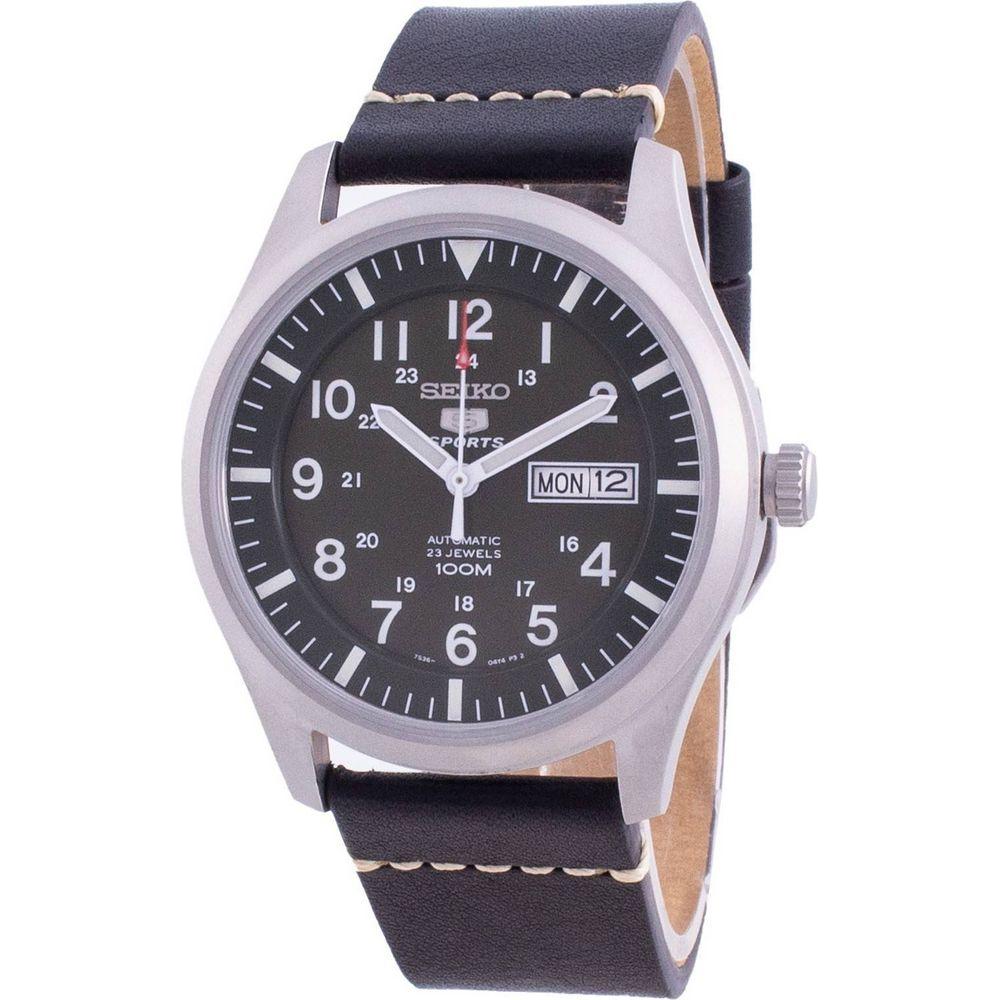 Seiko 5 Sports Military Automatic SNZG09K1-var-LS20 100M Men's Watch - Green Dial with Leather Strap
