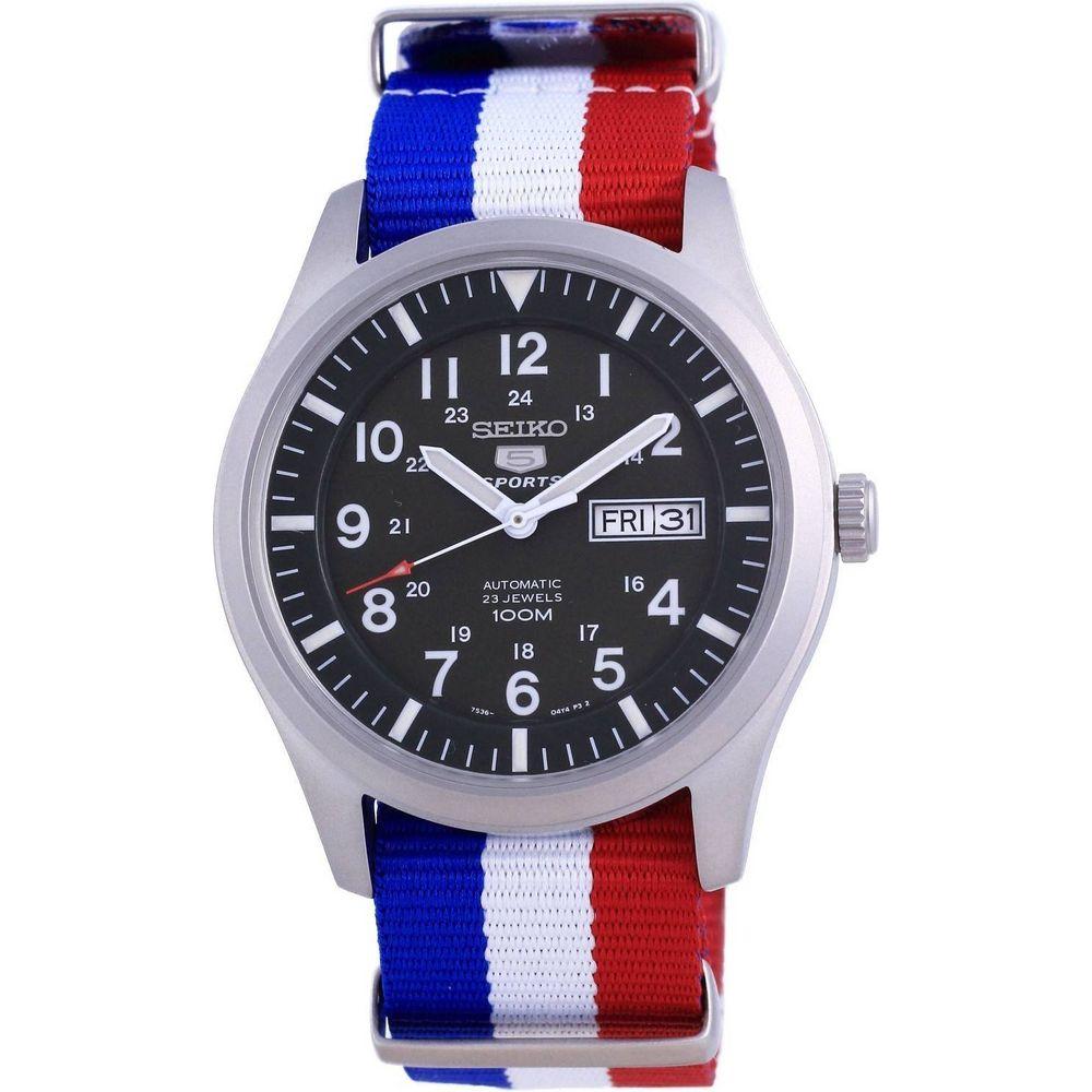 Seiko 5 Sports Military Automatic Polyester SNZG09K1-var-NATO25 100M Men's Watch - Green Dial, France National Flag Strap